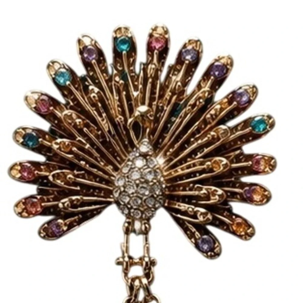 Peacock & Flower Double Chain Brooch   Pin Multi Colored Crystal Accents